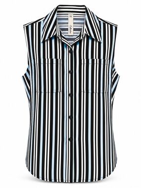 NY Collection | Sleeveless Striped Button Front Blouse | Black White Blue